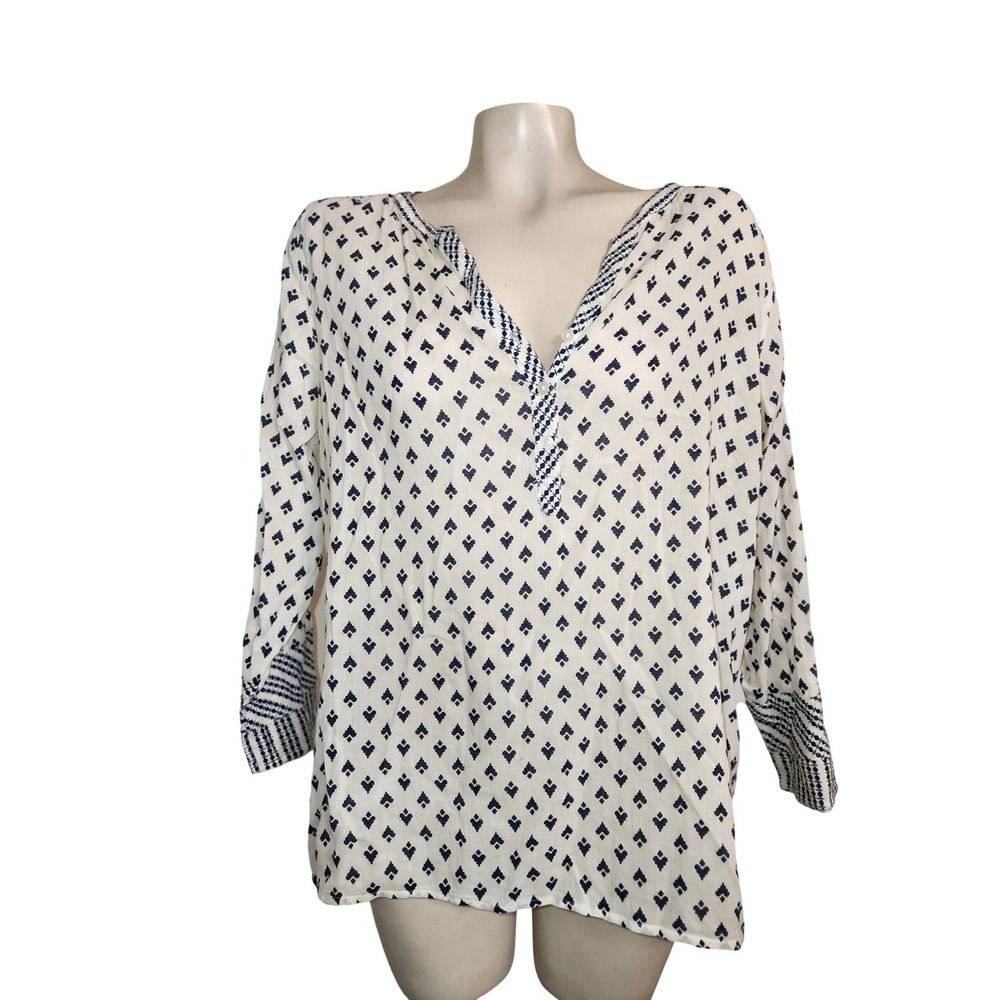 St Johns Bay Womens L Navy Blue White Geometric‎ Cotton Tunic Blouse Top momcore